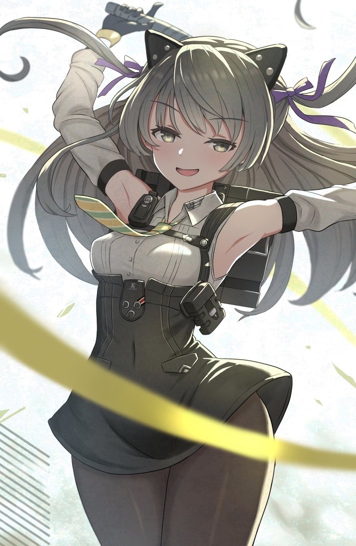 1girl animal_ears armpits arms_up ash_arms breasts brown_eyes brown_hair cat_ears commentary_request detached_sleeves gloves hair_ribbon ktn_studio long_hair looking_at_viewer motion_lines navel necktie open_mouth pantyhose ribbon solo weapon white_background