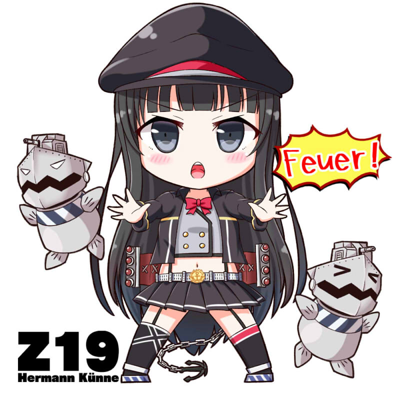 1girl asymmetrical_legwear azur_lane bangs black_hair black_jacket black_legwear black_skirt blunt_bangs blush chibi commentary_request eyebrows_visible_through_hair full_body garter_straps german_text grey_eyes hat hime_cut jacket legs_apart long_hair looking_at_viewer midriff military_hat miniskirt navel neck_ribbon open_clothes open_jacket open_mouth peaked_cap pleated_skirt red_ribbon ribbon simple_background skirt solo straight_hair thigh-highs upper_teeth v-necker very_long_hair white_background z19_hermann_kunne_(azur_lane)