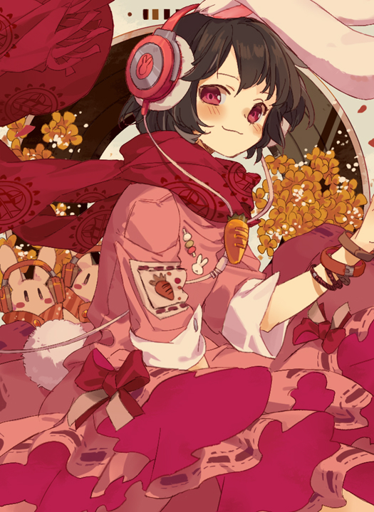 1girl :3 animal animal_ears animal_print bangs between_legs black_hair black_ribbon blush bow bracelet bunny_print bunny_tail buttons carrot_necklace carrot_print closed_mouth dress dress_bow dress_lift extra_ears flower food_print hand_between_legs hand_up headphones inaba_tewi jewelry looking_at_viewer looking_to_the_side naughty_face orange_flower outstretched_arm pink_dress rabbit rabbit_ears red_bow red_eyes red_scarf renzaoshen ribbon ribbon-trimmed_dress scarf short_hair short_sleeves sidelocks solo swept_bangs tail touhou wide_sleeves wind wind_lift wire wristband