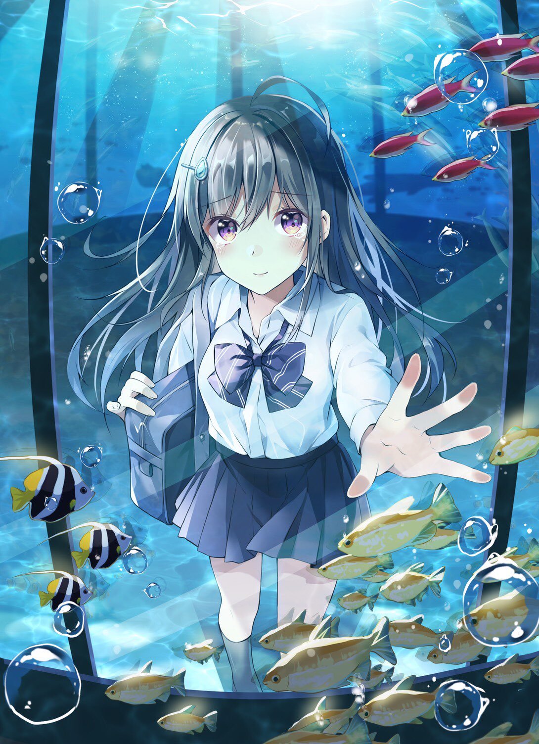 1girl ahoge air_bubble animal aquarium bag bangs black_hair black_legwear black_skirt blue_bow blush bow bubble collared_shirt commentary_request diagonal_stripes dress_shirt eyebrows_visible_through_hair fish hair_between_eyes hair_ornament hairclip highres kneehighs long_hair long_sleeves looking_at_viewer original pleated_skirt school_bag school_uniform shiro_kuma_shake shirt skirt solo standing striped striped_bow very_long_hair violet_eyes water water_drop_hair_ornament white_shirt