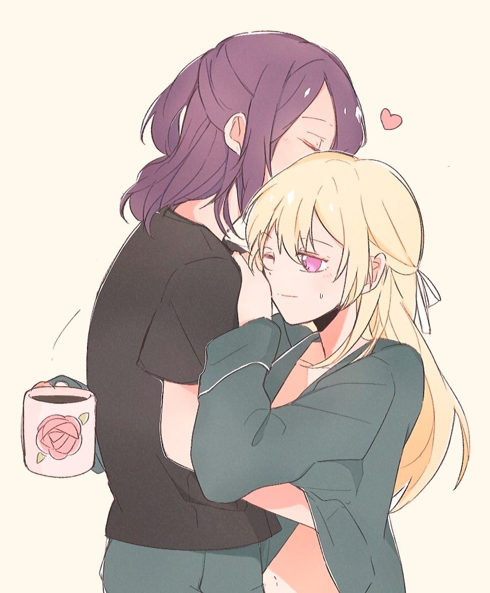 2girls bang_dream! bangs black_shirt blonde_hair blue_pants blue_shirt closed_eyes cup floral_print hair_ribbon half_updo hand_on_another's_shoulder hand_under_clothes heart holding holding_cup long_hair long_sleeves mug multiple_girls navel one_eye_closed pants print_mug purple_hair ribbon seri_(vyrlw) seta_kaoru shirasagi_chisato shirt short_sleeves sweatdrop tan_background violet_eyes white_ribbon yuri