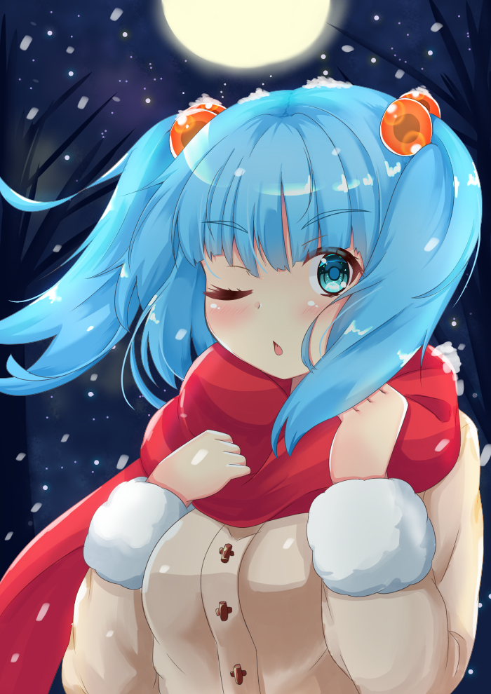 1girl :o arms_up bangs bare_tree blue_eyes blue_hair blush coat commentary_request eyebrows_visible_through_hair full_moon fur-trimmed_sleeves fur_trim hair_blowing hair_bobbles hair_ornament kawashiro_nitori looking_at_viewer moon night one_eye_closed outdoors red_scarf rururiaru scarf shiny shiny_hair snow_on_head snowing solo standing touhou tree two_side_up upper_body wind winter winter_clothes winter_coat