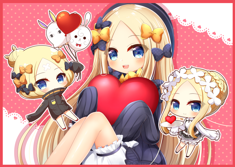 3girls :d abigail_williams_(fate/grand_order) balloon bangs black_bow black_dress black_headwear black_jacket blonde_hair bloomers blue_eyes blush border bow braid butterfly_hair_ornament chibi closed_mouth commentary_request dress eyebrows_visible_through_hair fate/grand_order fate_(series) forehead fou_(fate/grand_order) hair_bow hair_bun hair_ornament hat heart heroic_spirit_festival_outfit heroic_spirit_traveling_outfit holding holding_balloon holding_tray jacket knees_up long_hair long_sleeves medjed multiple_girls open_mouth orange_bow parted_bangs polka_dot polka_dot_bow red_border red_footwear shirt sitting sleeveless sleeveless_dress sleeves_past_fingers sleeves_past_wrists smile tray underwear upper_teeth very_long_hair white_bloomers white_shirt yukiyuki_441