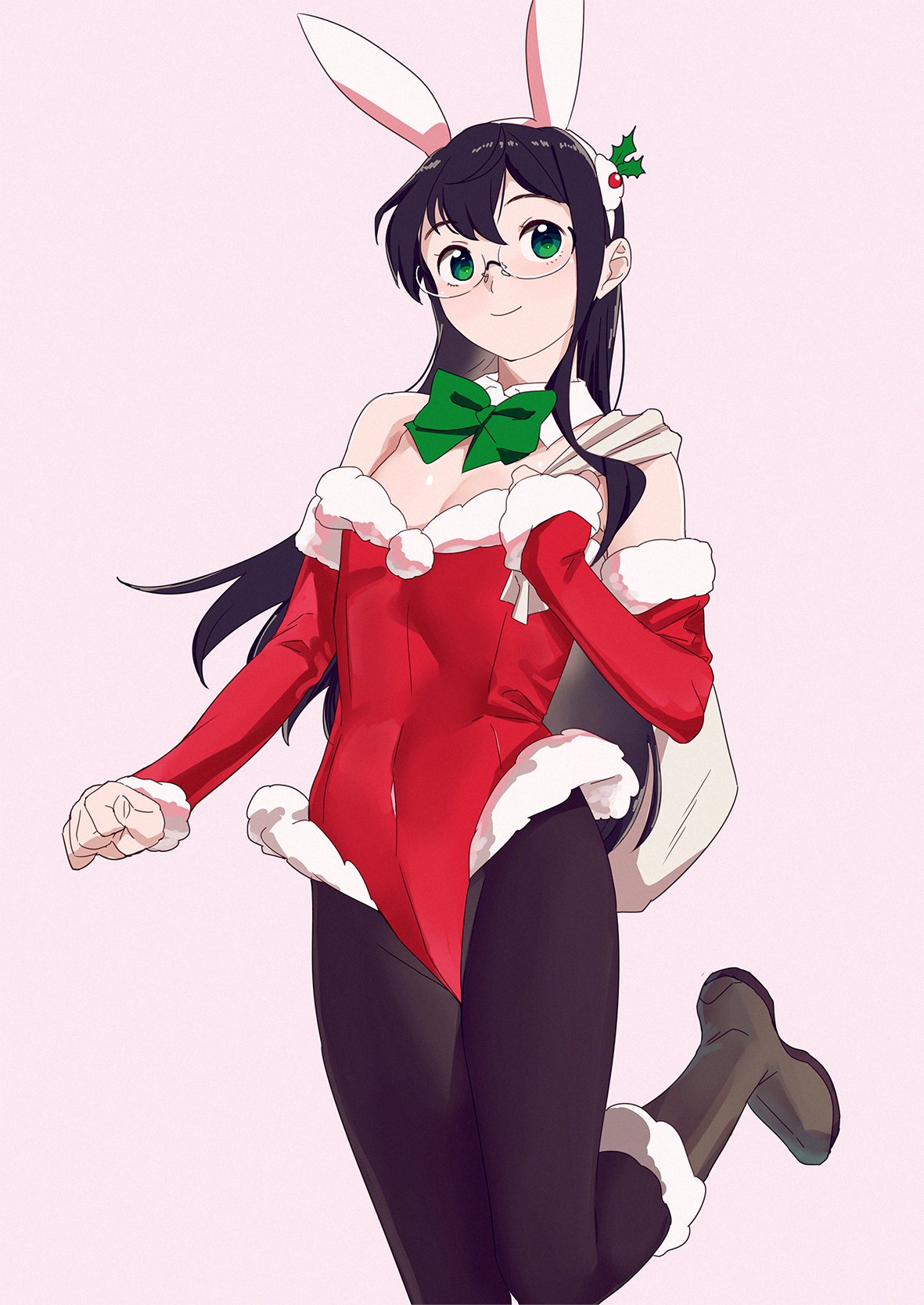 1girl black_hair boots bow breasts covered_navel detached_collar detached_sleeves fur-trimmed_boots fur_trim glasses green_bow green_eyes highres kantai_collection long_hair looking_at_viewer ojipon ooyodo_(kantai_collection) pink_background sack small_breasts smile solo standing standing_on_one_leg