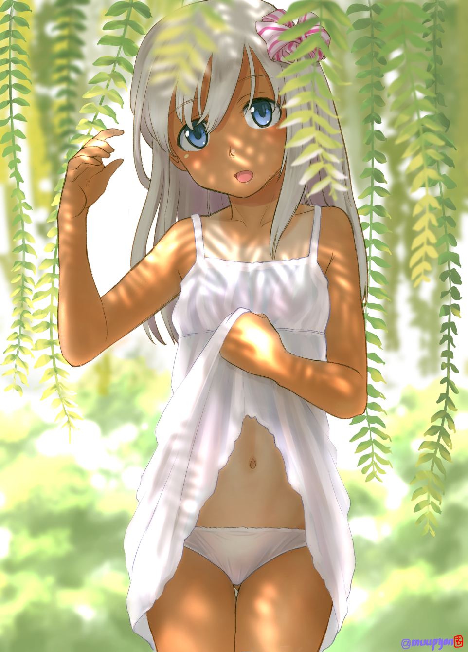 1girl alternate_costume ass_visible_through_thighs bare_arms bare_shoulders blush bow breasts collarbone commentary_request cowboy_shot dappled_sunlight day dress dress_lift eyebrows_visible_through_hair hair_bow hair_ornament highres kantai_collection leaf long_hair looking_at_viewer mu-pyon navel one-piece_tan open_mouth outdoors panties ro-500_(kantai_collection) shadow small_breasts smile solo sundress sunlight tan tanline twitter_username underwear white_dress white_panties
