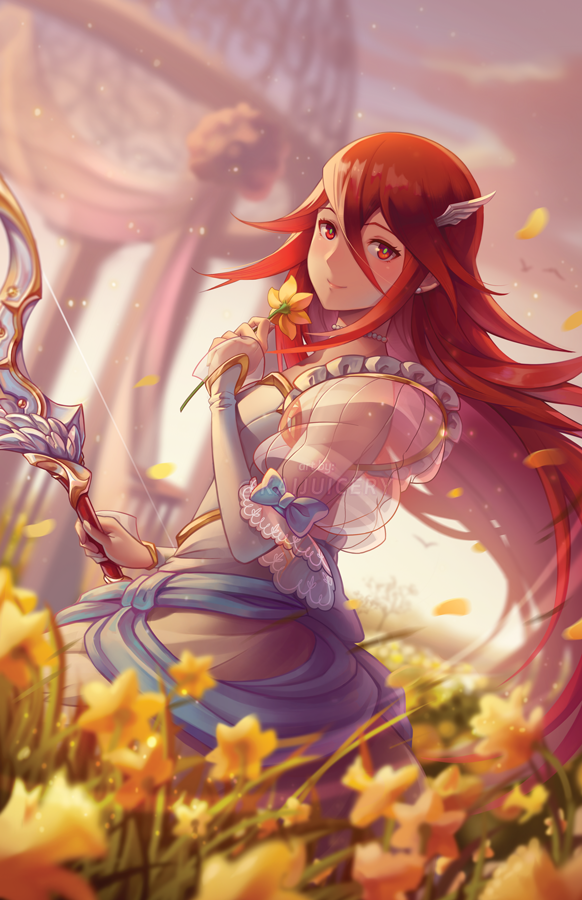 1girl bow_(weapon) bride closed_mouth clouds cordelia_(fire_emblem) dress field fire_emblem fire_emblem_awakening fire_emblem_heroes flower flower_field from_side hair_ornament holding holding_bow_(weapon) holding_flower holding_weapon kaijuicery long_hair looking_to_the_side outdoors petals red_eyes redhead sky smile solo weapon wedding_dress white_dress