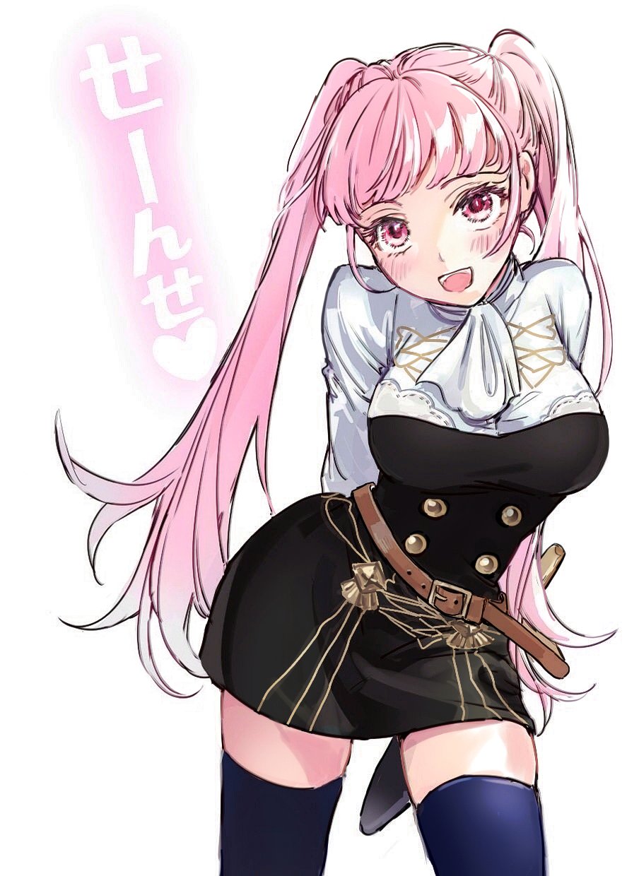 1girl arms_behind_back belt blue_legwear fire_emblem fire_emblem:_three_houses garreg_mach_monastery_uniform highres hilda_valentine_goneril long_hair open_mouth pink_eyes pink_hair simple_background solo thigh-highs toremoro_(yuka09144) twintails uniform white_background