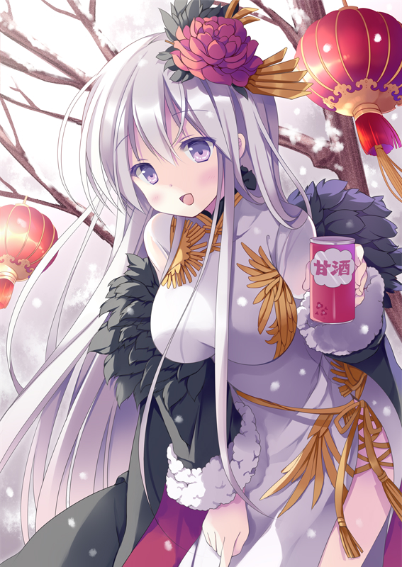1girl alternate_costume azur_lane bare_tree breasts china_dress chinese_clothes commentary_request cowboy_shot cup disposable_cup dress enterprise_(azur_lane) flower fur_trim hair_flower hair_ornament holding holding_cup hoshino_koucha lantern large_breasts long_hair long_sleeves looking_at_viewer off_shoulder open_mouth paper_lantern pelvic_curtain red_flower sidelocks silver_hair smile snowing solo standing tree very_long_hair violet_eyes white_dress