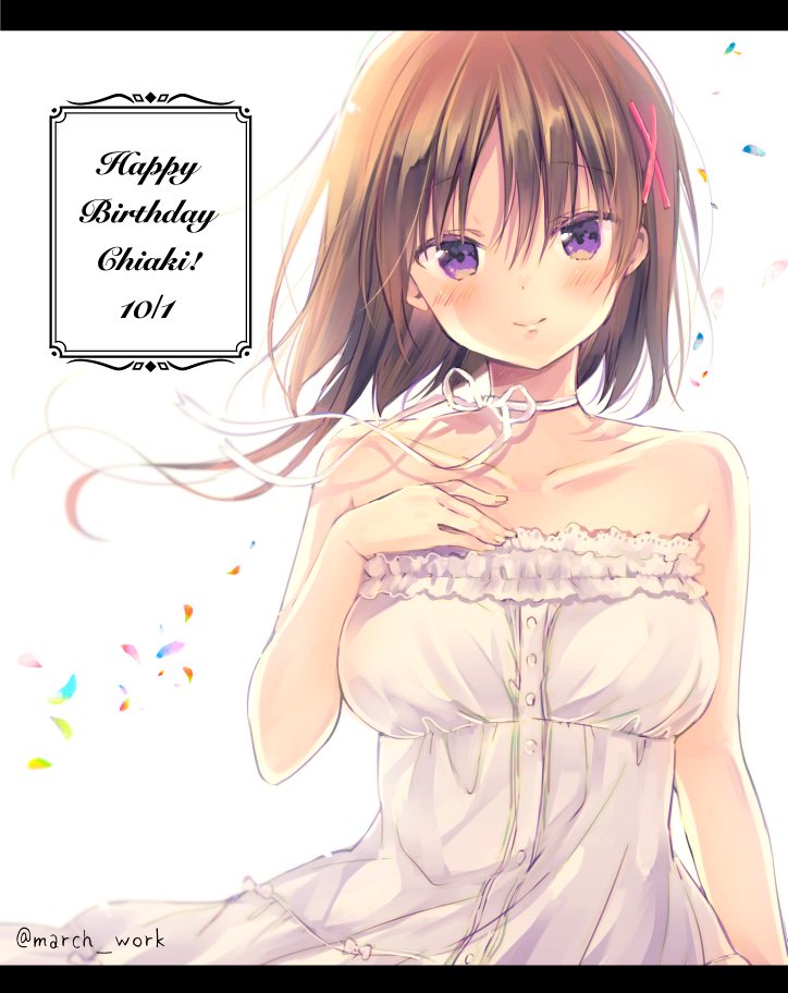 1girl bare_shoulders blush brown_hair dress hagino_chiaki hair_ornament hand_on_own_chest happy_birthday hinako_note looking_at_viewer march-bunny neck_ribbon ribbon short_hair_with_long_locks simple_background smile solo violet_eyes white_dress