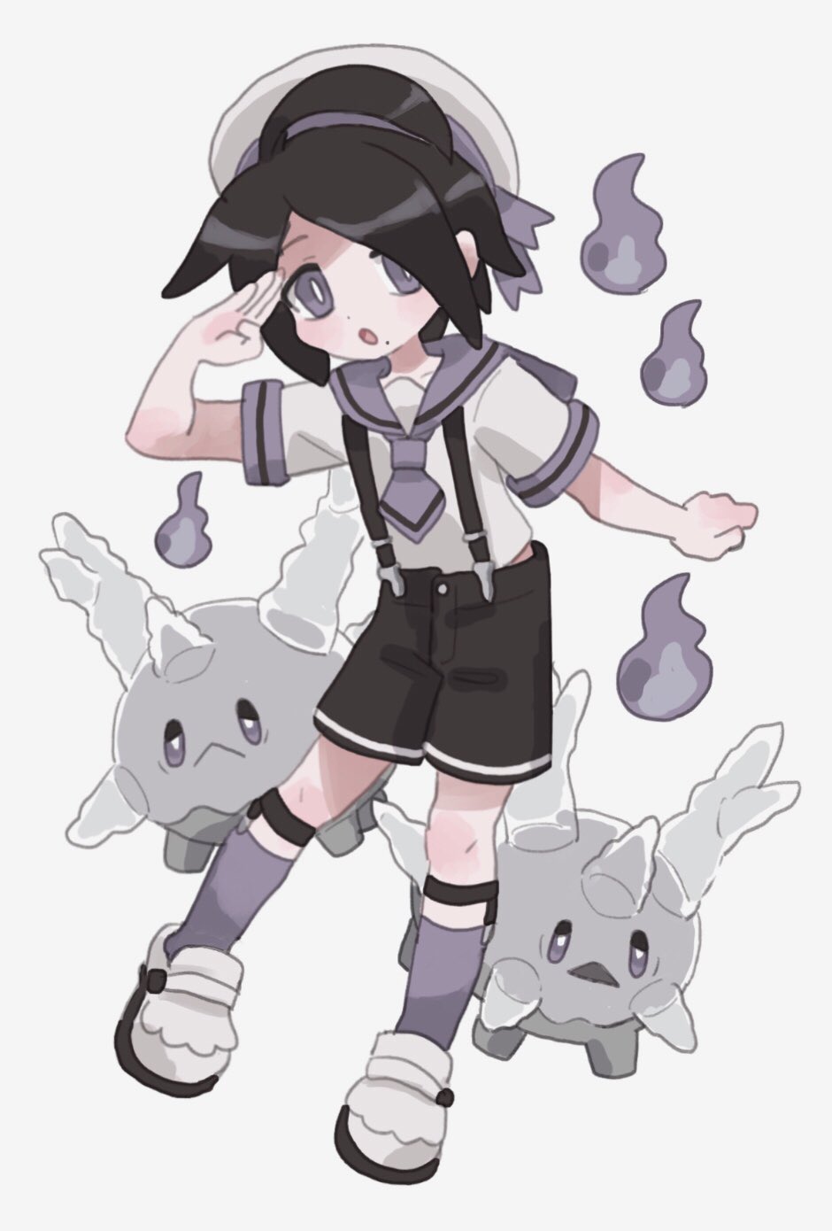 1boy ahoge black_hair corsola gen_7_pokemon gym_leader hat highres kneehighs looking_at_viewer male_focus mole onion_(pokemon) open_mouth pokemon pokemon_(creature) pokemon_(game) pokemon_swsh sailor_collar sailor_hat sailor_shirt salute shirt short_hair short_sleeves shorts simple_background solo suspender_shorts suspenders uameu violet_eyes white_background white_footwear