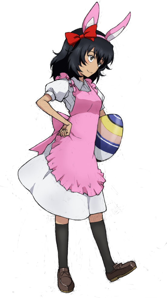 1girl alternate_costume andou_(girls_und_panzer) animal_ears apron bangs black_hair black_skirt bow brown_eyes brown_footwear closed_mouth collared_dress commentary dark_skin dress easter easter_egg egg fake_animal_ears frilled_apron frills girls_und_panzer hair_bow hand_on_hip holding kayabakoro loafers looking_to_the_side medium_dress medium_hair messy_hair oversized_object pink_apron puffy_short_sleeves puffy_sleeves rabbit_ears red_bow shoes short_sleeves simple_background skirt smile solo standing white_background white_dress