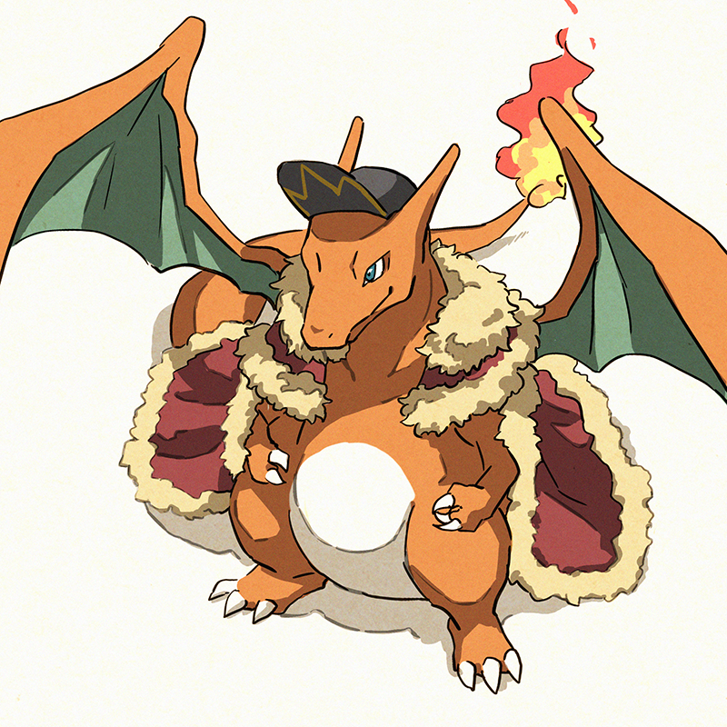 baseball_cap black_headwear blue_eyes cape charizard claws closed_mouth clothed_pokemon commentary_request cosplay dande_(pokemon) dande_(pokemon)_(cosplay) dragon fire from_above full_body fur-trimmed_cape fur_trim grey_background hat horn looking_up matsuri_(matsuike) no_humans pokemon pokemon_(creature) red_cape simple_background solo standing tail wings