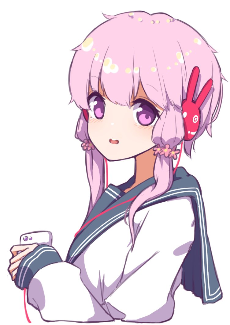 1girl animal_ears bangs black_sailor_collar blush bunny_headphones cellphone cropped_torso eyebrows_visible_through_hair fake_animal_ears flower hair_flower hair_ornament headphones holding holding_cellphone holding_phone long_hair long_sleeves looking_at_viewer looking_to_the_side open_mouth phone pink_flower pink_hair rabbit_ears sailor_collar school_uniform serafuku shirt simple_background sleeves_past_wrists solo upper_body upper_teeth violet_eyes vocaloid voiceroid white_background white_shirt yusake_san yuzuki_yukari
