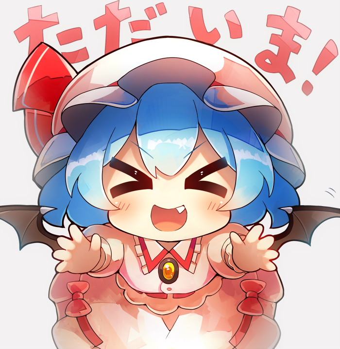 &gt;_&lt; 1girl 60mai :d bangs bat_wings blue_hair blush brooch commentary_request dress eyebrows_visible_through_hair facing_viewer fang frilled_shirt_collar frills grey_background hat hat_ribbon jewelry mob_cap open_mouth puffy_short_sleeves puffy_sleeves reaching_out red_ribbon remilia_scarlet ribbon short_hair short_sleeves simple_background smile solo touhou translated v-shaped_eyebrows white_dress white_headwear wings