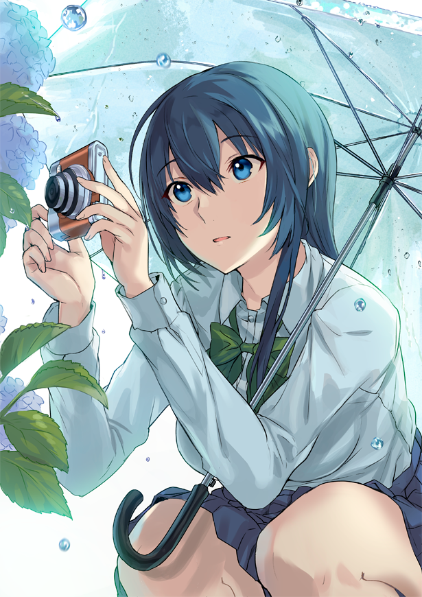 1girl blue_eyes blue_hair blue_skirt bow bowtie breasts camera collared_shirt commentary flower holding holding_camera hydrangea long_hair long_sleeves looking_away medium_breasts miniskirt original plant school_uniform shirt sidelocks skirt solo squatting tan_(tangent) umbrella water white_shirt