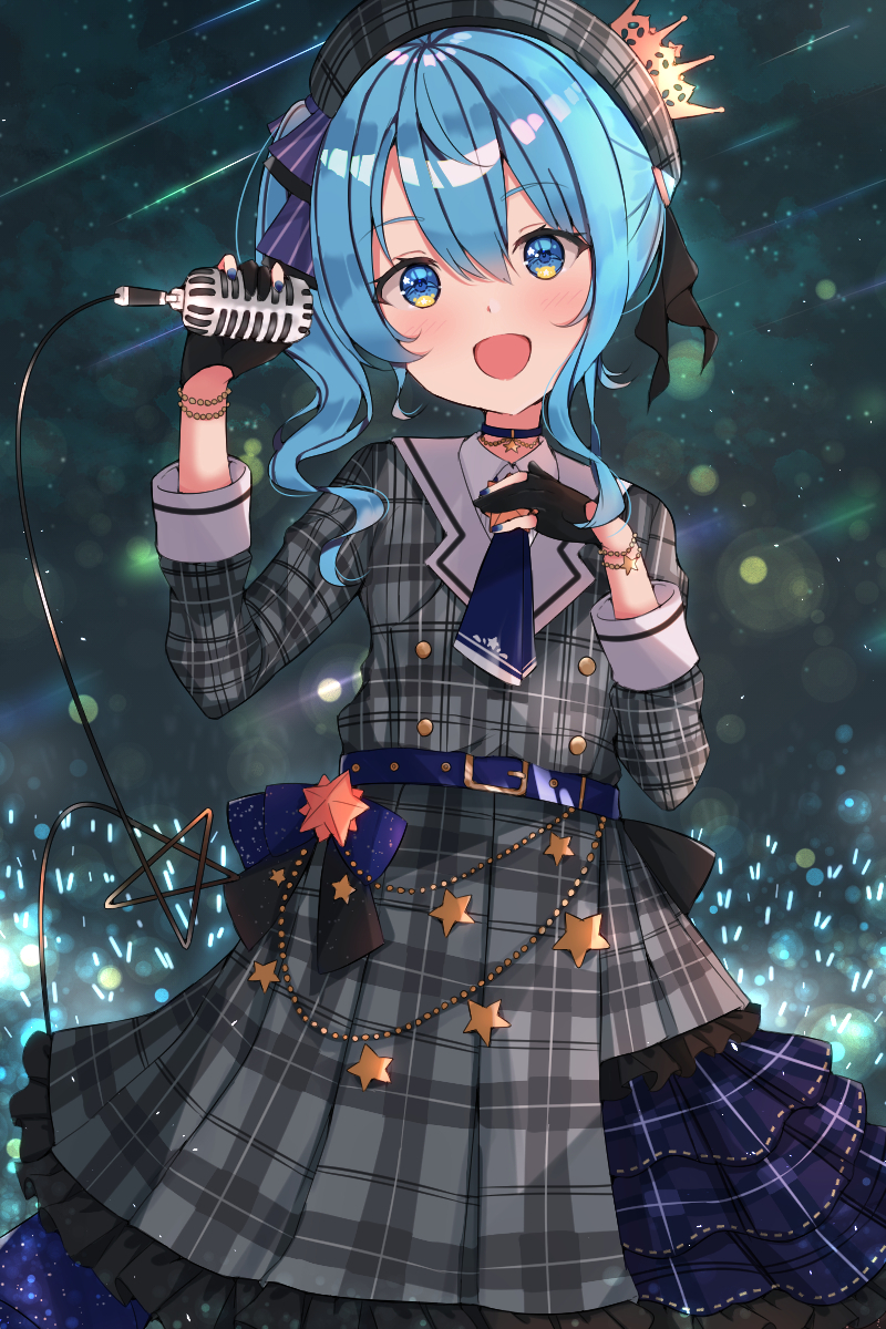 1girl audience belt belt_buckle beret black_gloves blue_eyes blue_hair blue_nails blue_neckwear blush buckle buttons choker crown eyebrows_visible_through_hair frilled_skirt frills gloves glowstick hair_between_eyes hat highres holding holding_microphone hololive hoshimachi_suisei long_sleeves looking_at_viewer medium_hair mi_taro333 microphone music nail_polish open_mouth partly_fingerless_gloves singing skirt solo star suisei_channel virtual_youtuber