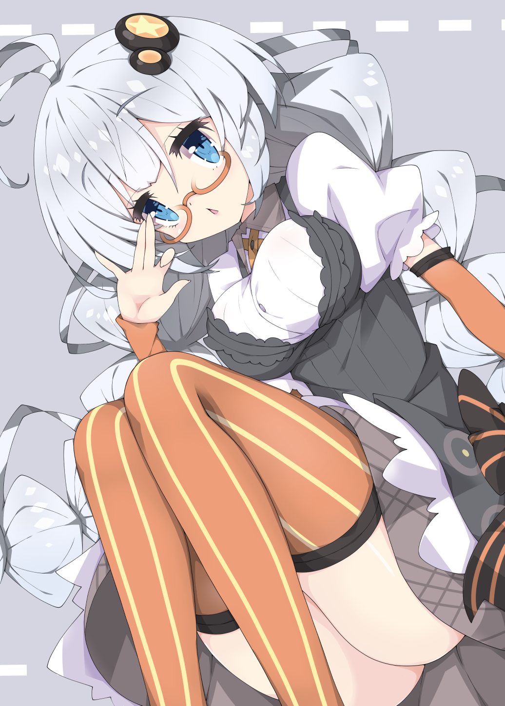 1girl :&lt; antenna_hair ass bangs bespectacled black_bow blue_eyes bow braid breasts commentary_request detached_sleeves dotted_line dress eyebrows_visible_through_hair feet_out_of_frame glasses grey_background grey_dress hair_between_eyes hair_ornament hand_up highres kizuna_akari large_breasts long_hair long_sleeves low_twintails milkpanda orange-framed_eyewear orange_legwear orange_sleeves parted_lips puffy_short_sleeves puffy_sleeves semi-rimless_eyewear shirt short_sleeves silver_hair sleeveless sleeveless_dress solo star striped striped_bow striped_legwear thigh-highs triangle_mouth twin_braids twintails under-rim_eyewear vertical-striped_legwear vertical_stripes very_long_hair voiceroid white_shirt
