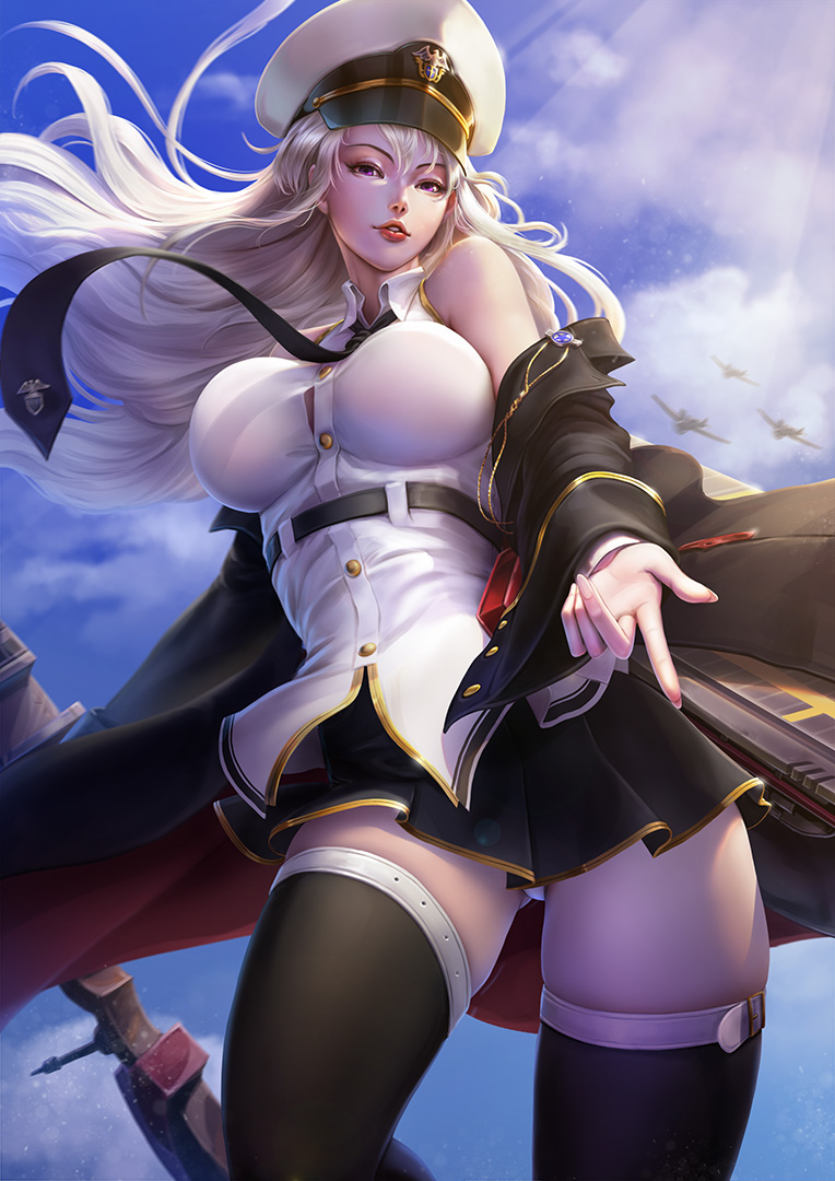 1girl aircraft azhang azur_lane belt black_belt black_coat black_neckwear blue_sky bow_(weapon) clouds coat english_commentary enterprise_(azur_lane) hat military_hat open_clothes open_coat peaked_cap red_lips shirt sky sleeveless sleeveless_shirt solo underbust weapon white_headwear