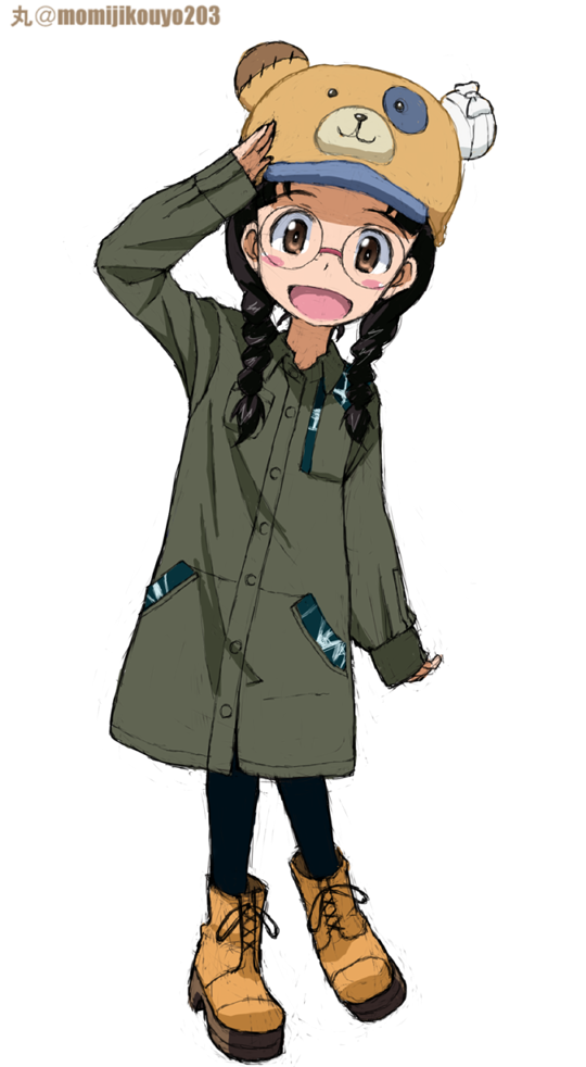 ankle_boots artist_name bangs bear_hat black-framed_eyewear black_hair black_legwear blush_stickers boko_(girls_und_panzer) boots braid brown_eyes brown_footwear casual collared_dress commentary cross-laced_footwear dress fukuda_(girls_und_panzer) full_body girls_und_panzer glasses grey_dress hair_over_shoulder kayabakoro leaning_to_the_side long_hair long_sleeves looking_at_viewer medium_dress open_mouth pantyhose round_eyewear salute simple_background sleeves_past_wrists smile standing twin_braids twintails twitter_username white_background