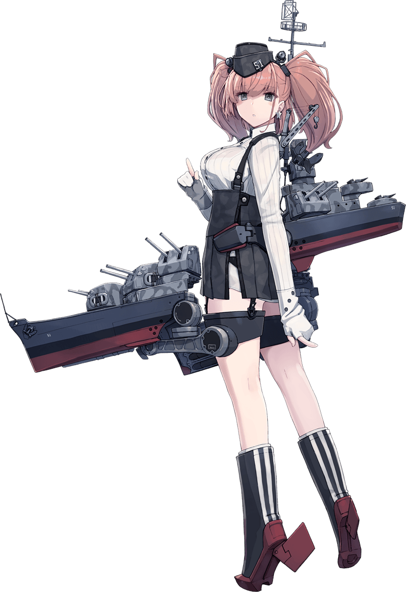 1girl atlanta_(kantai_collection) black_dress breasts brown_hair crane dress gloves kantai_collection large_breasts long_sleeves machinery official_art partly_fingerless_gloves pointing pointing_at_viewer radar shizuma_yoshinori short_shorts shorts suspenders turret