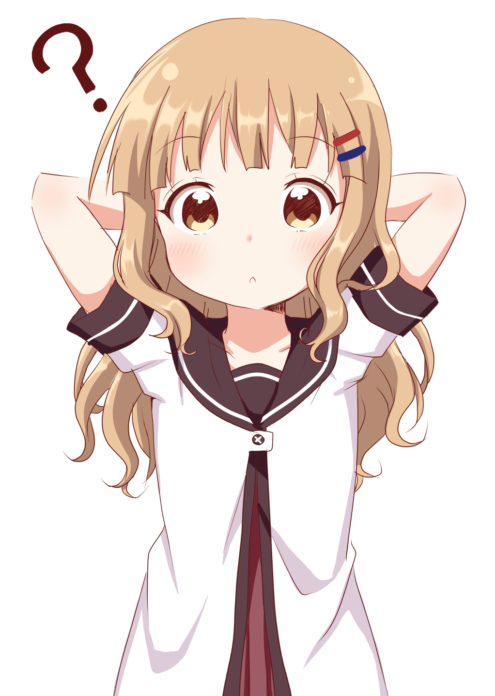 1girl ? blonde_hair brown_eyes commentary_request confused hair_ornament hairclip highres long_hair looking_at_viewer nanamori_school_uniform oomuro_sakurako open_mouth parted_lips school_uniform serafuku simple_background solo usagi_koushaku yuru_yuri