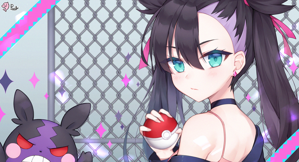 1girl aqua_eyes asymmetrical_bangs bangs bare_shoulders black_choker black_hair black_jacket blush chain-link_fence choker closed_mouth commentary_request dress earrings eyebrows_visible_through_hair fence gen_8_pokemon hair_between_eyes hair_ribbon hand_up holding holding_poke_ball jacket jewelry long_hair long_sleeves looking_at_viewer looking_to_the_side mary_(pokemon) morpeko off_shoulder pink_dress poke_ball pokemon pokemon_(creature) pokemon_(game) pokemon_swsh pong_(vndn124) red_ribbon ribbon signature sparkle twintails