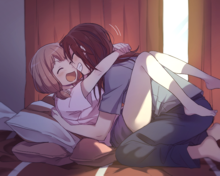 2girls :d ^_^ bang_dream! bangs barefoot blush closed_eyes curtains face-to-face girl_on_top grey_shirt grin hug indoors leg_lock legs_up long_hair low_twintails lying multiple_girls on_back on_bed open_mouth pants pillow pink_hair re_ghotion redhead shirt short_sleeves shorts smile t-shirt twintails udagawa_tomoe uehara_himari yuri