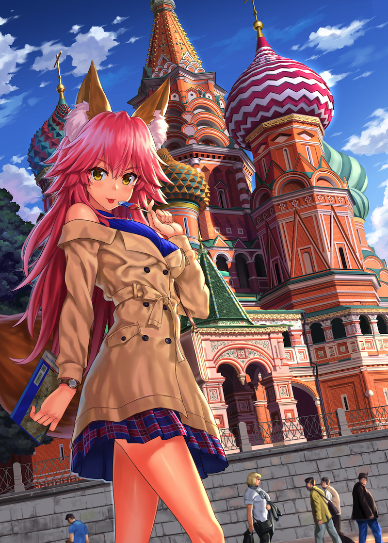 1girl 5boys animal_ear_fluff animal_ears bangs bare_shoulders blue_skirt blue_sky blue_sweater brick_wall brown_coat brown_eyes building closed_mouth clouds coat commentary_request day eyebrows_visible_through_hair fate/extra fate_(series) food fox_ears fox_girl fox_tail hair_between_eyes holding holding_food long_hair long_sleeves looking_at_viewer multiple_boys npcpepper outdoors pink_hair plaid plaid_skirt railing ribbed_sweater skirt sky sleeveless_sweater solo_focus sweater tail tamamo_(fate)_(all) tamamo_no_mae_(fate) tongue tongue_out very_long_hair watch watch