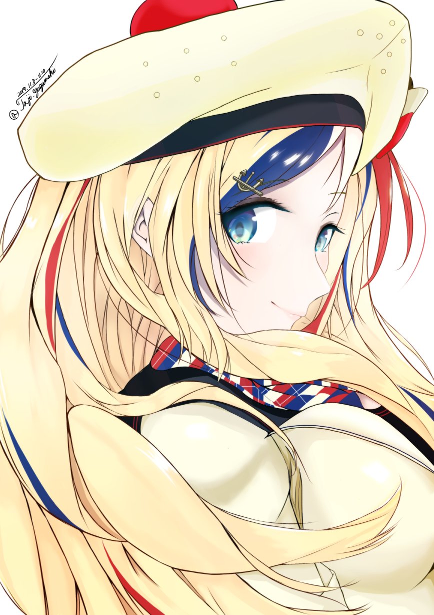 1girl anchor_hair_ornament bangs beret blonde_hair blue_eyes blue_hair commandant_teste_(kantai_collection) commentary_request hair_ornament hat highres kantai_collection long_hair looking_at_viewer multicolored multicolored_clothes multicolored_hair multicolored_scarf pom_pom_(clothes) redhead scarf simple_background solo streaked_hair swept_bangs upper_body wavy_hair white_background yuzumaki_tajii