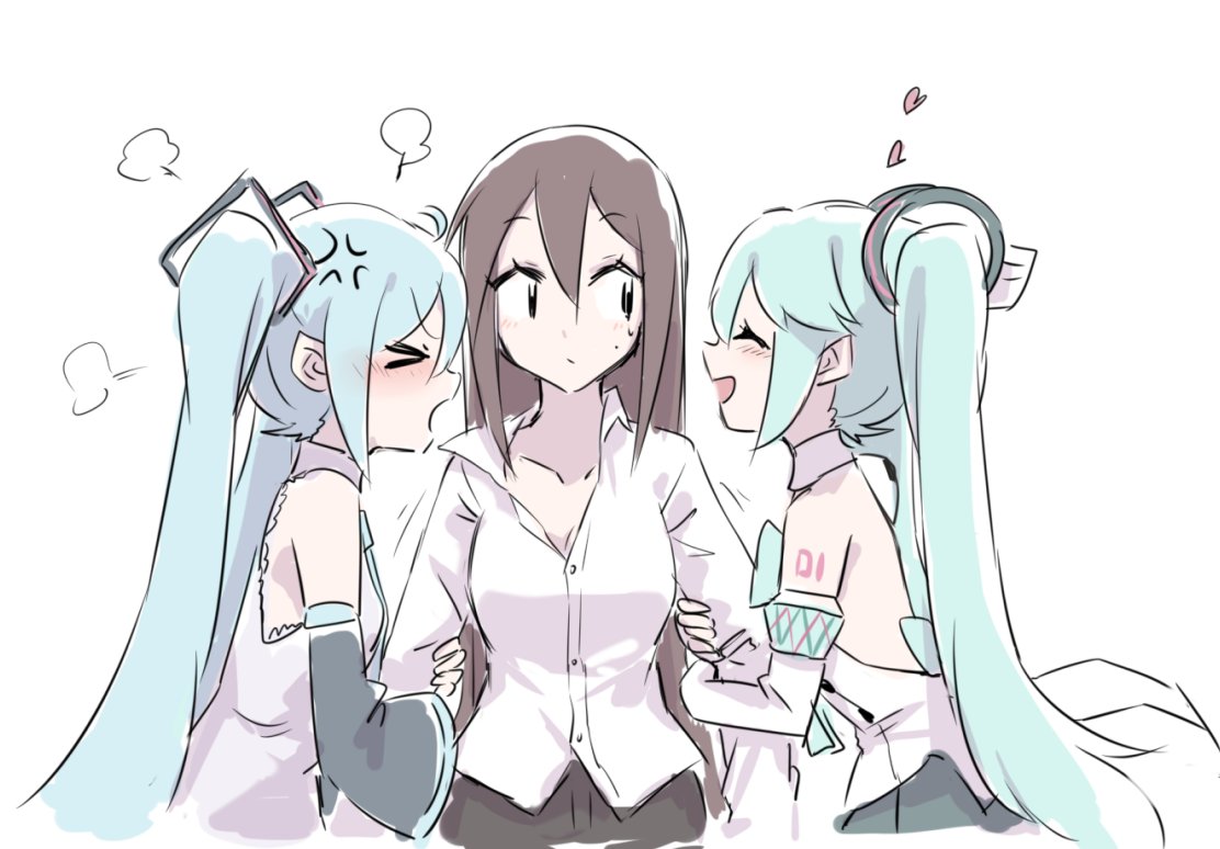 &gt;_&lt; 3girls =3 anger_vein angry aqua_bow aqua_hair aqua_neckwear backless_outfit bare_shoulders black_sleeves bow bowtie brown_hair closed_eyes commentary detached_sleeves dual_persona from_side grey_shirt hair_ornament hatsune_miku heart holding_arm jealous long_hair looking_at_another magical_mirai_(vocaloid) master_(vocaloid) multiple_girls necktie nejikyuu open_mouth shirt shoulder_tattoo sleeveless sleeveless_shirt smile standing tattoo twintails upper_body v-shaped_eyebrows very_long_hair vocaloid white_background white_shirt white_sleeves