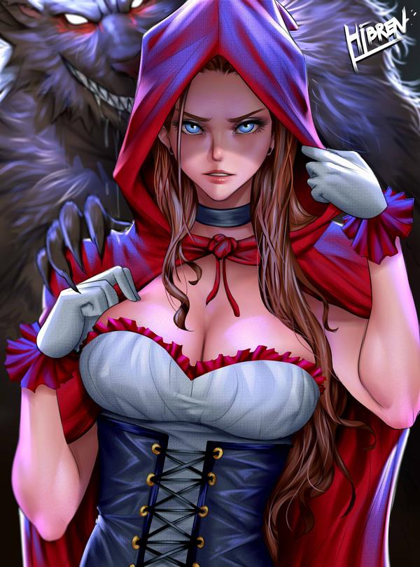 1boy 1girl bared_teeth big_bad_wolf_(grimm) black_choker blue_eyes breasts choker claws corset cowl fangs frilled_gloves frills furry gloves glowing glowing_eyes grey_fur hand_on_another's_shoulder hibren holding_hoodie little_red_riding_hood little_red_riding_hood_(grimm) long_hair looking_at_viewer medium_breasts multicolored multicolored_clothes no_pupils red_cowl saliva shoulder_grab tagme