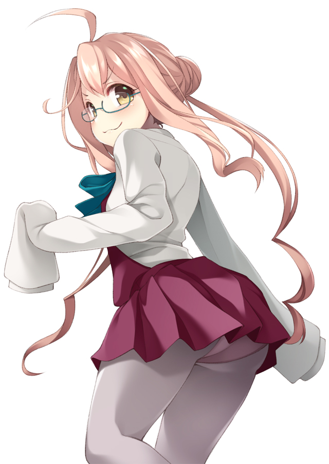 1girl :3 ahoge ass bangs blue-framed_eyewear blue_neckwear blush bow bowtie double_bun dress eyebrows_visible_through_hair glasses grey_legwear kantai_collection long_hair long_sleeves makigumo_(kantai_collection) mofu_namako panties panties_under_pantyhose pantyhose pink_hair purple_dress purple_panties school_uniform shirt simple_background sleeves_past_fingers sleeves_past_wrists solo twintails underwear white_background white_shirt yellow_eyes