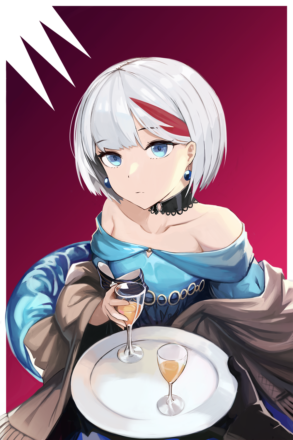 1girl admiral_graf_spee_(a_novel_anniversary)_(azur_lane) admiral_graf_spee_(azur_lane) alcohol anizi_(anizi9621) azur_lane bangs bare_shoulders black_choker blue_dress blue_eyes choker closed_mouth collarbone cup dress drinking_glass earrings evening_gown from_above head_tilt highres jewelry looking_at_viewer multicolored_hair shawl short_hair solo streaked_hair swept_bangs tray white_hair wine_glass