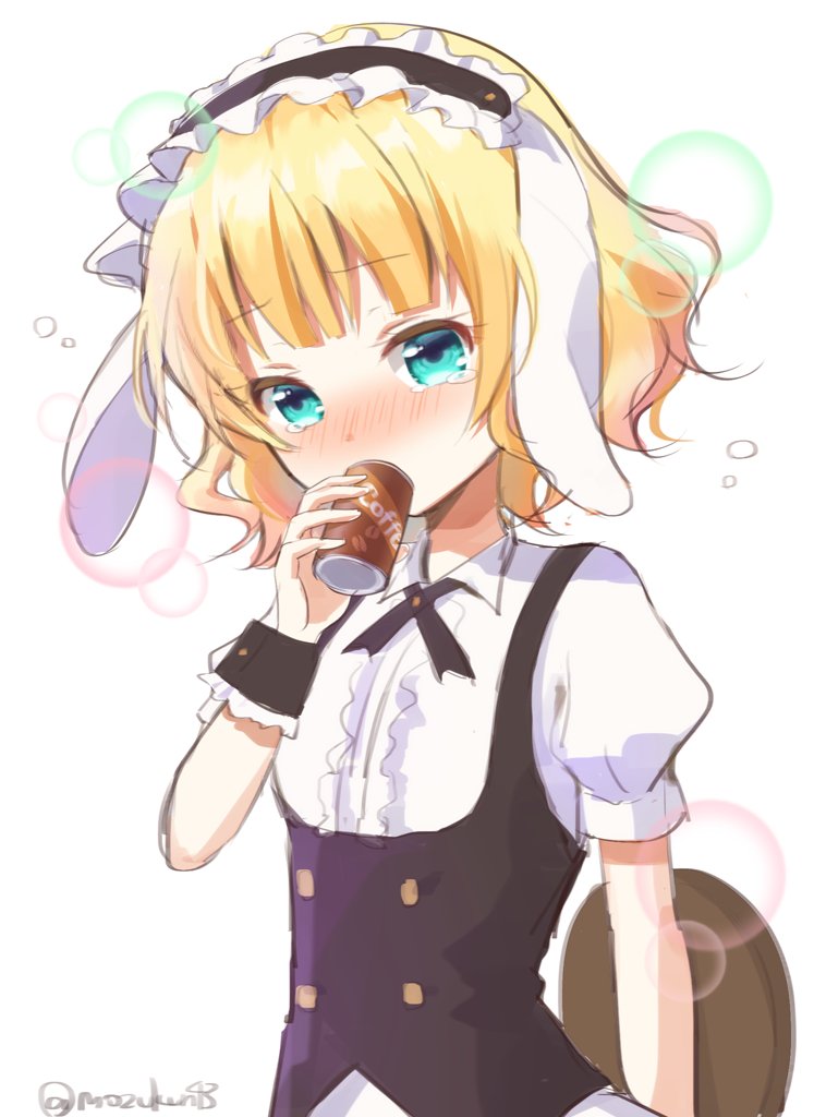 1girl animal_ears artist_name blonde_hair coffee eyebrows_visible_through_hair fake_animal_ears gochuumon_wa_usagi_desu_ka? green_eyes holding holding_tray kirima_sharo looking_at_viewer maid_headdress mozukun43 puffy_short_sleeves puffy_sleeves rabbit_ears short_hair short_sleeves solo tray twitter_username upper_body wavy_hair wrist_cuffs