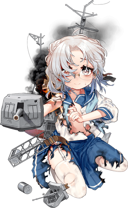 1girl adapted_turret aiming akasaka_yuzu blue_neckwear blue_ribbon blue_sailor_collar blue_skirt burnt_clothes burnt_hair buttons cannon depth_charge glasses gloves hirato_(kantai_collection) kantai_collection long_sleeves looking_at_viewer machinery neckerchief official_art pleated_skirt ribbon sailor_collar school_uniform serafuku short_hair silver_hair skirt smokestack solo squatting thigh-highs torn_clothes turret wavy_hair white_gloves white_legwear