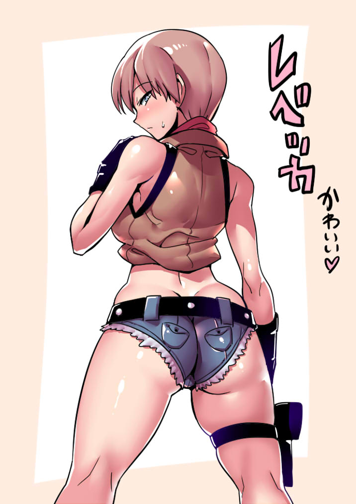 1girl bare_shoulders black_gloves blue_eyes brown_hair denim denim_shorts eyebrows_visible_through_hair gloves looking_at_viewer looking_back rebecca_chambers resident_evil shiny shiny_hair shiny_skin short_hair shorts simple_background solo tsuki_wani