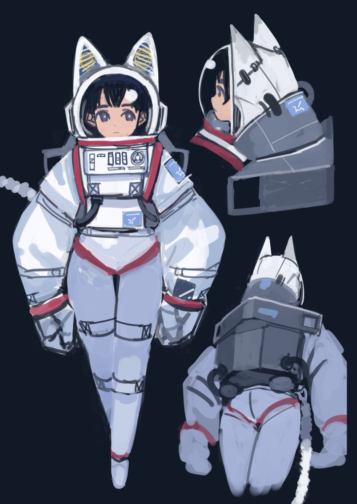 1girl animal_ears back black_background black_eyes black_hair character_name character_sheet helmet original science_fiction scratches short_hair simple_background solo spacesuit standing window1228