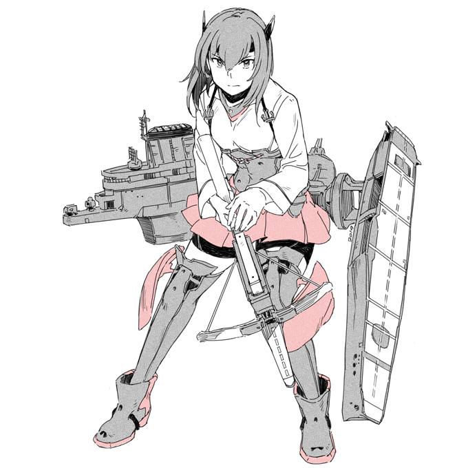 1girl anchor bangs boots bow_(weapon) crossbow flight_deck full_body hair_between_eyes headband headgear holding holding_weapon kantai_collection long_sleeves monochrome pleated_skirt red_skirt rigging short_hair simple_background skirt solo spot_color standing taihou_(kantai_collection) thigh-highs weapon weidashming