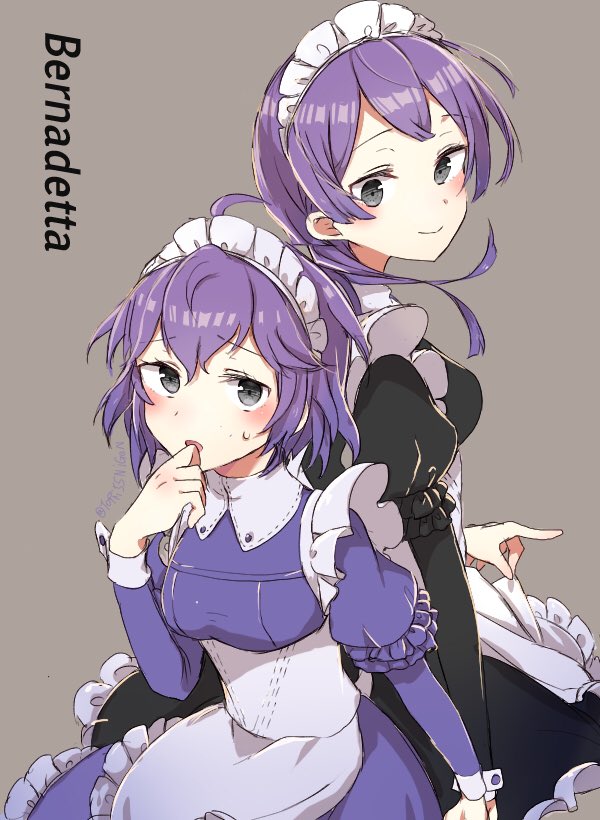 2girls bernadetta_von_varley character_name closed_mouth dual_persona fire_emblem fire_emblem:_three_houses grey_background grey_eyes long_sleeves looking_back maid maid_headdress multiple_girls open_mouth purple_hair short_hair simple_background smile tori55nigen twitter_username