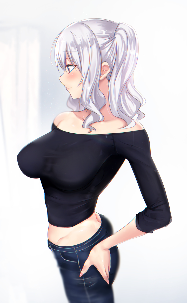 1girl alternate_costume black_sweater blue_eyes blue_pants blurry breasts butt_crack cowboy_shot denim depth_of_field jeans kantai_collection kashima_(kantai_collection) large_breasts long_hair midriff off-shoulder_sweater off_shoulder pants profile sidelocks silver_hair solo standing sweater twintails twisted_torso untsue wavy_hair white_background