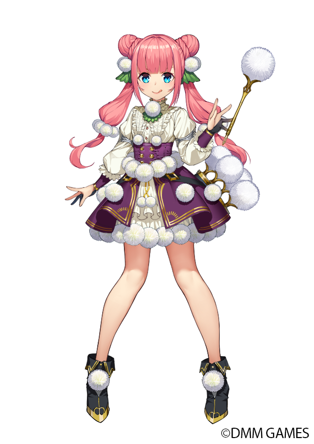 1girl :q bare_legs berzelia_(flower_knight_girl) black_footwear black_gloves blouse blue_eyes double_bun dress flower_knight_girl full_body gloves hair_ornament iltusa legs legs_apart long_hair looking_at_viewer low-tied_long_hair official_art partly_fingerless_gloves pink_hair pom_pom_(clothes) purple_dress shoes simple_background smile solo standing tongue tongue_out twintails white_background white_blouse