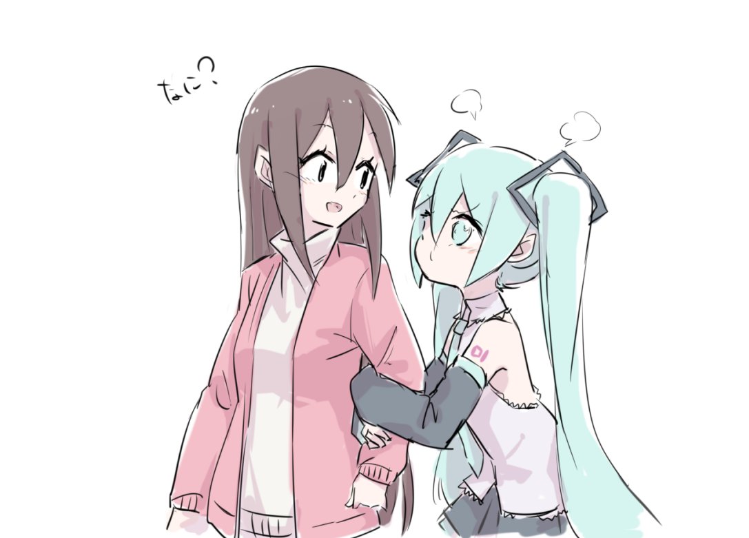 2girls =3 aqua_hair aqua_neckwear bare_shoulders black_skirt black_sleeves brown_hair detached_sleeves grey_shirt hair_ornament hatsune_miku holding_arm jacket leaning_forward light_blush long_hair looking_at_another master_(vocaloid) multiple_girls necktie nejikyuu open_mouth pink_jacket shirt shoulder_tattoo skirt sleeveless sleeveless_shirt sweater tattoo turtleneck turtleneck_sweater twintails upper_body very_long_hair visible_air vocaloid white_background white_shirt white_sweater