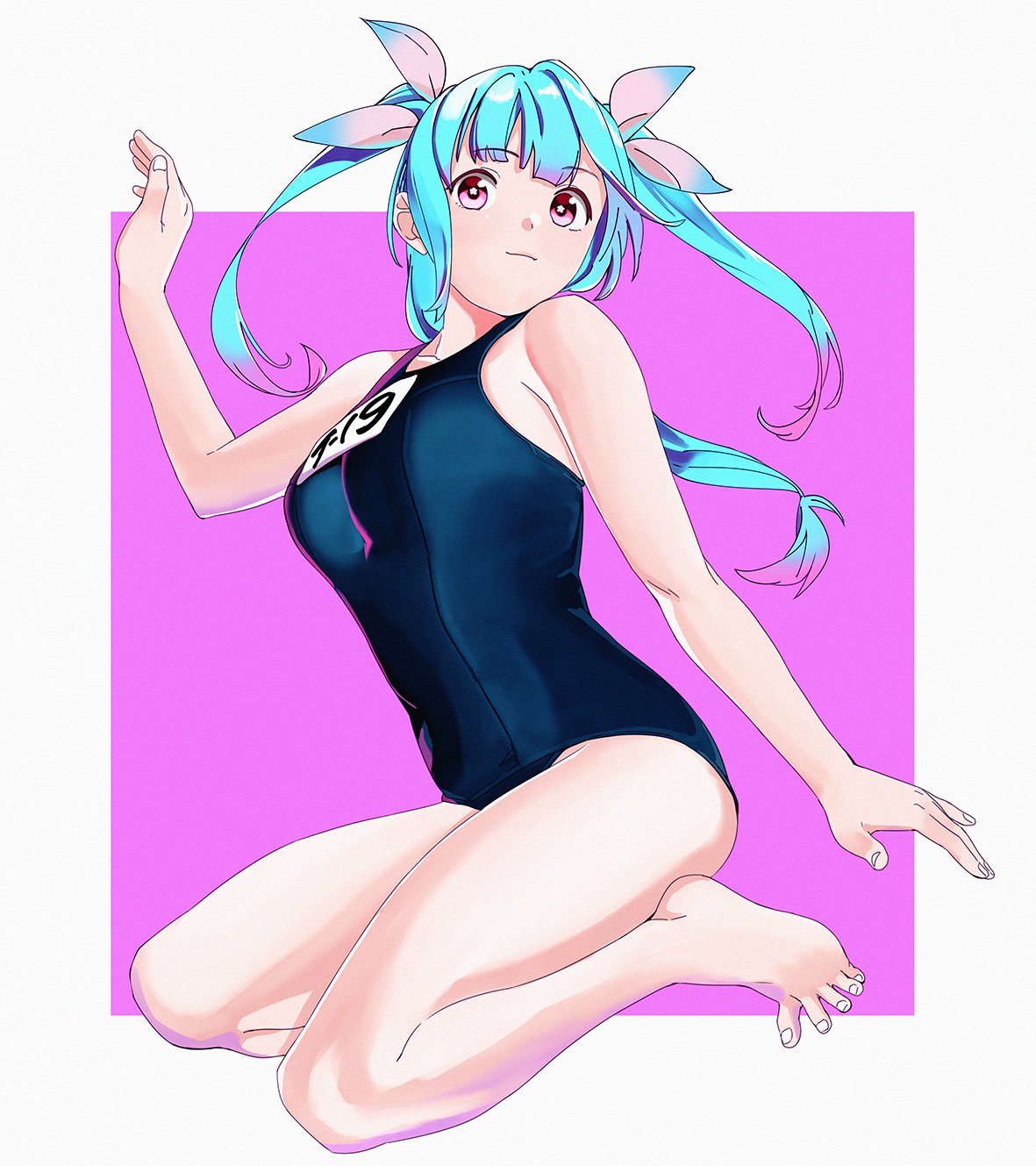 1girl bangs barefoot blue_hair blue_swimsuit breasts closed_mouth eyebrows_visible_through_hair full_body gradient_hair hair_ribbon highres i-19_(kantai_collection) kantai_collection large_breasts long_hair multicolored_hair name_tag ojipon one-piece_swimsuit people pink_eyes pink_hair ribbon school_swimsuit simple_background solo swimsuit tri_tails