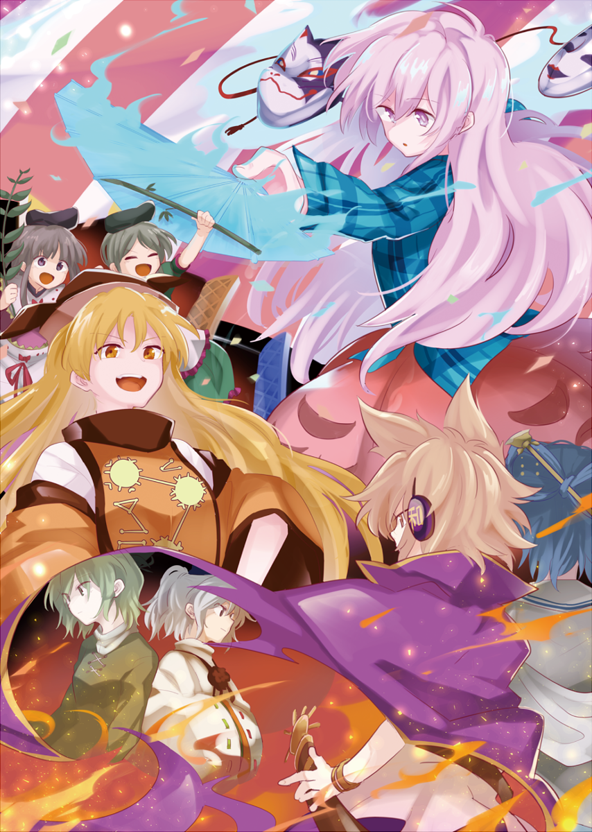 back_cutout bamboo blonde_hair blue_hair brown_eyes brown_hair cheering dress earmuffs expressionless fan fire fox_mask green_hair green_skirt grey_hair hair_ornament hair_stick hat hata_no_kokoro highres japanese_clothes kaku_seiga laughing long_hair mask matara_okina mononobe_no_futo multiple_girls myouga_(plant) nishida_satono noh_mask open_mouth orange_eyes pink_eyes pink_hair plaid plaid_shirt shikushiku_(amamori_weekly) shirt short_hair sidelocks silver_hair skirt smile soga_no_tojiko tabard tate_eboshi teireida_mai touhou toyosatomimi_no_miko very_long_hair