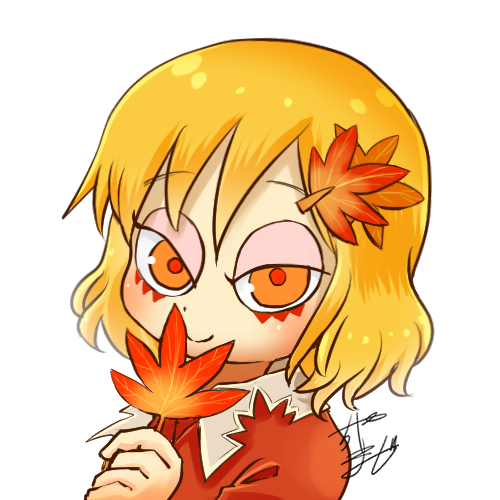 1girl aki_shizuha avatar_icon blonde_hair chamaji commentary covering_mouth dress eyebrows_visible_through_hair hair_between_eyes hair_ornament leaf leaf_hair_ornament leaf_on_head looking_at_viewer lowres maple_leaf red_dress short_hair signature smile solo touhou white_background yellow_eyes