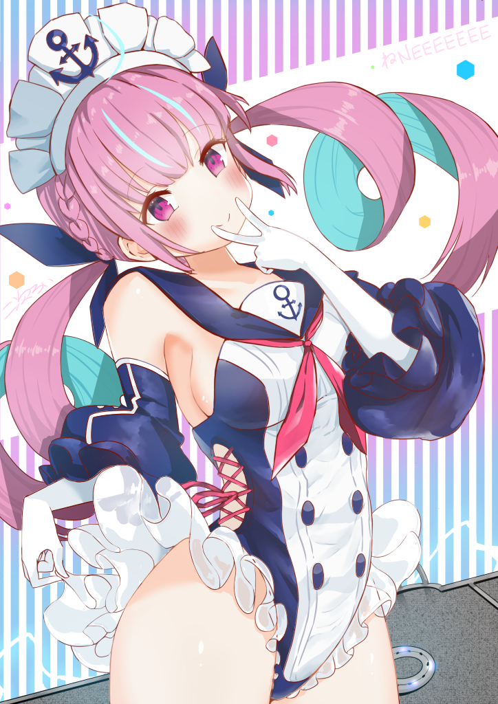 1girl azur_lane bangs blush braid breasts commentary crossover detached_sleeves double-breasted elbow_gloves eyebrows_visible_through_hair french_braid frilled_swimsuit frills gloves hair_ribbon hololive maid_headdress medium_breasts minato_aqua neckerchief one-piece_swimsuit purple_hair purple_neckwear ribbon sailor_collar sakurai_kouji sideboob solo swimsuit twintails violet_eyes white_gloves
