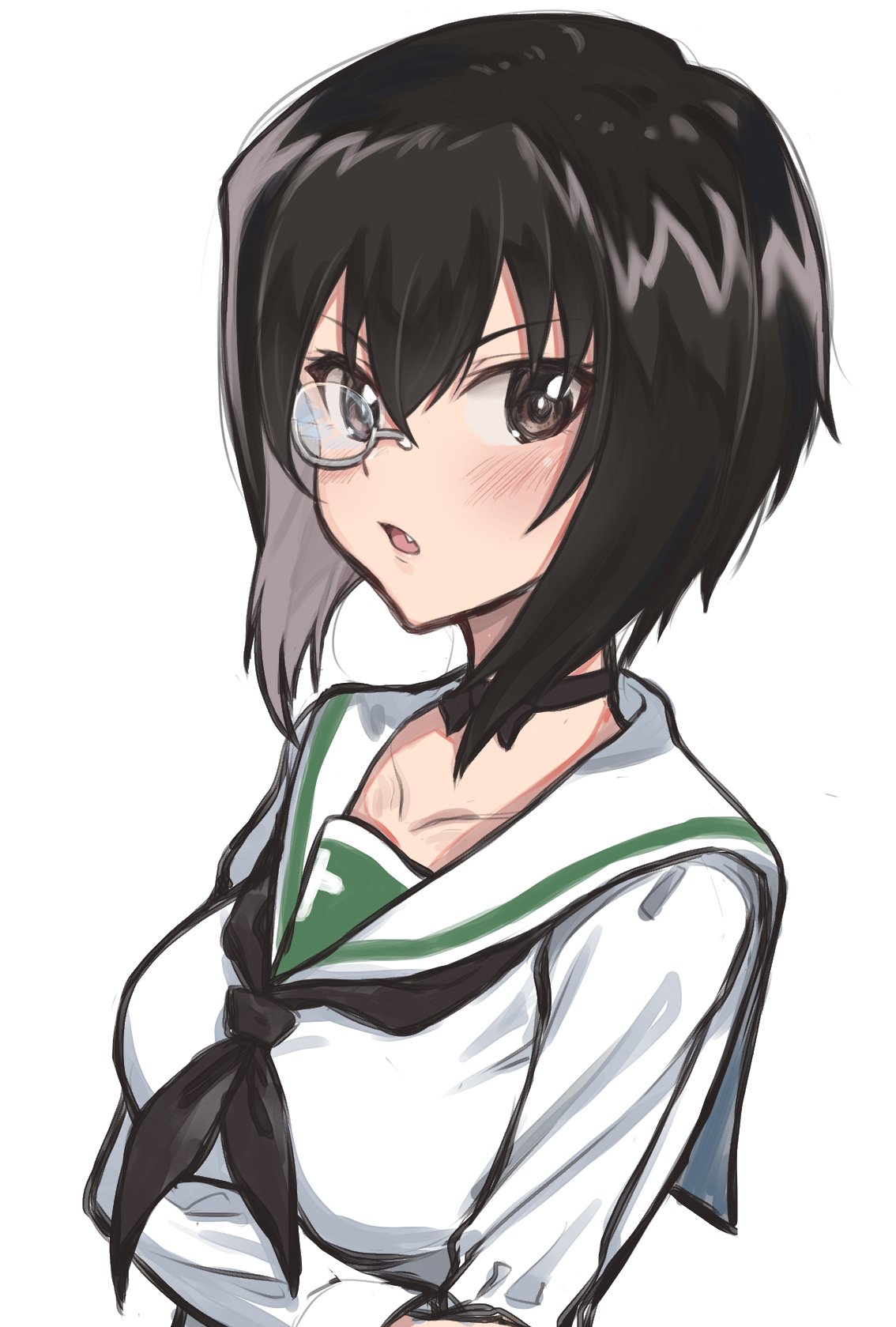 1girl bangs black_choker black_eyes black_hair black_neckwear blouse bow_choker choker commentary crossed_arms fang girls_und_panzer highres kawashima_momo light_blush light_frown long_sleeves looking_at_viewer mamu_t7s monocle neckerchief ooarai_school_uniform open_mouth school_uniform semi-rimless_eyewear serafuku short_hair silver-framed_eyewear simple_background solo symbol_commentary under-rim_eyewear upper_body white_background white_blouse