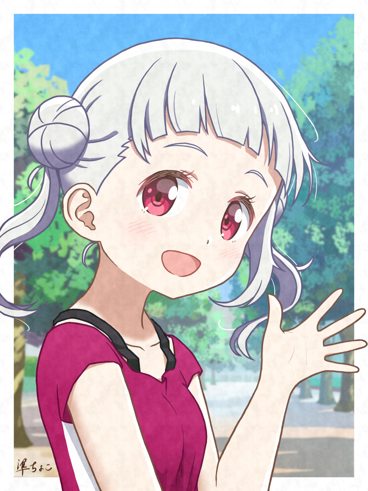 1girl :d arashi_chisato artist_name bangs blunt_bangs blush border breasts double_bun hand_up junchoco1207 looking_at_viewer love_live! love_live!_superstar!! medium_hair open_hand outdoors palms red_eyes red_shirt shirt short_bangs short_sleeves silver_hair small_breasts smile solo t-shirt tareme tree twintails upper_body waving white_border