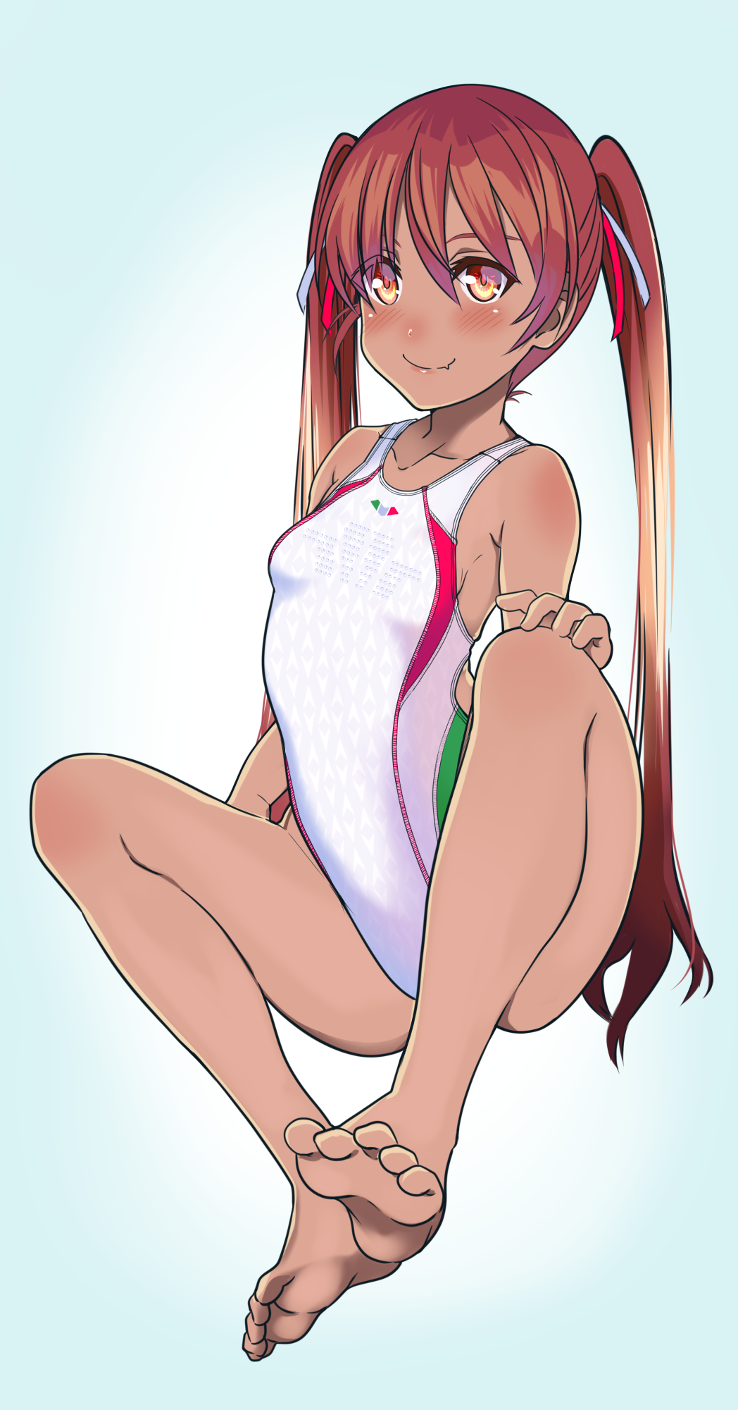 1girl aiuchi barefoot blue_background brown_eyes brown_hair commentary_request competition_swimsuit dark_skin fang full_body gradient gradient_background highleg highleg_swimsuit highres invisible_chair kantai_collection libeccio_(kantai_collection) long_hair one-piece_swimsuit sitting skin_fang smile solo swimsuit twintails white_swimsuit