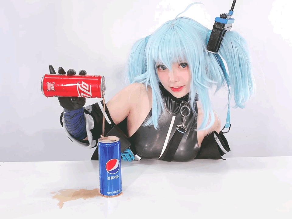 1girl :d ahoge animated animated_gif asian black_gloves breast_rest breasts bright_pupils can chinese_text choker coca-cola cosplay covered_collarbone girls_frontline gloves grey_eyes licking_lips light_blue_hair looking_at_viewer open_mouth pa-15_(girls_frontline) parted_lips pepsi photo real_life shiny shiny_clothes short_twintails sidelocks small_breasts smile soda soda_can solo spilling tight tongue tongue_out twintails upper_body